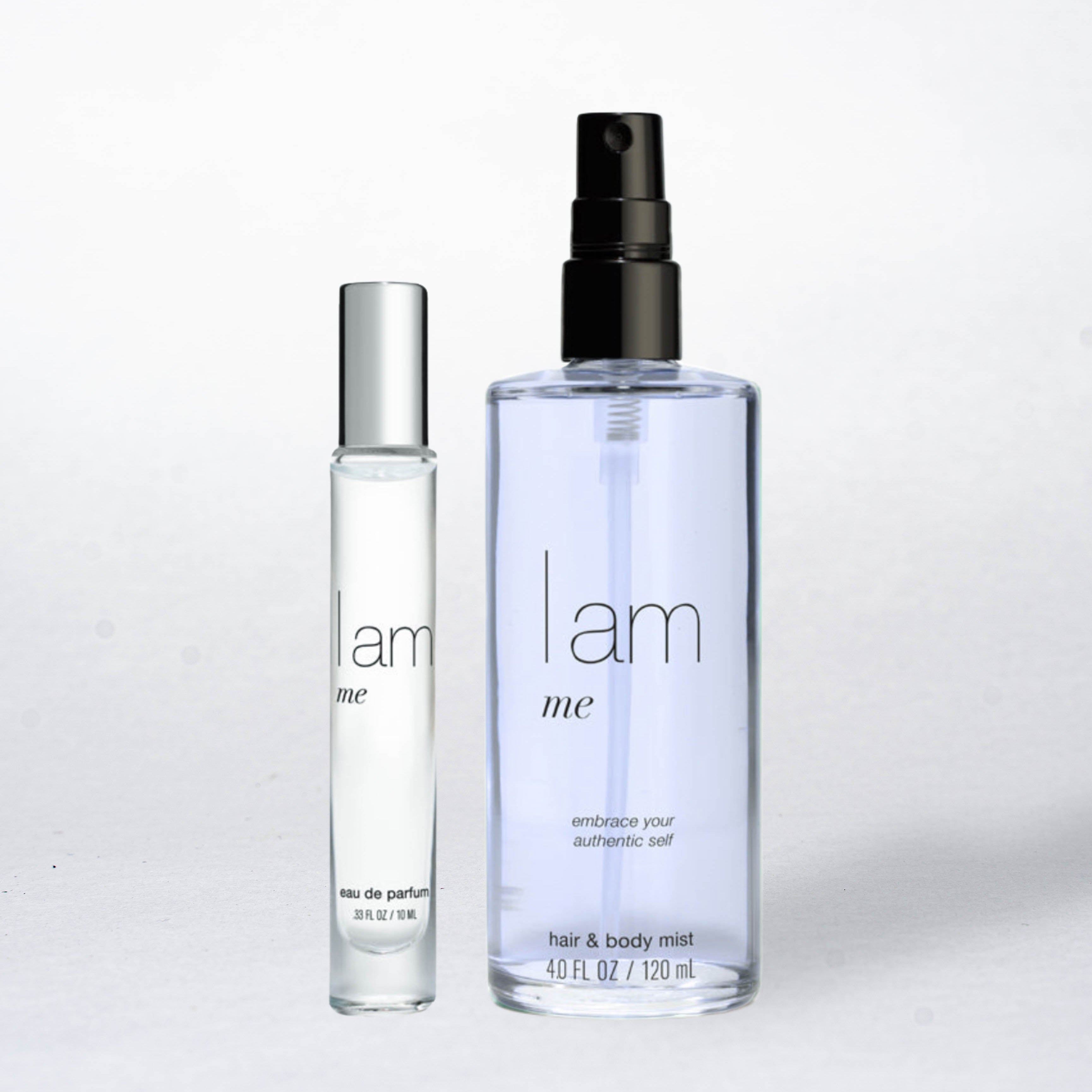 Two 'I am me' fragrance bottles on a white background
